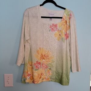 Alfred Dunner Cream Graphic 3/4 Sleeve Blouse